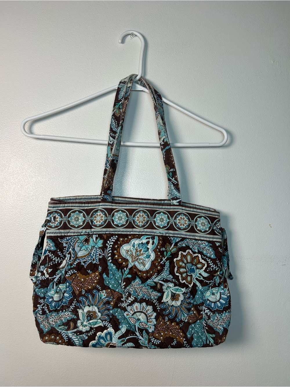 Vera Bradley Java Blue Tie Tote Bag Vintage Quilted Cotton Purse Retired Floral